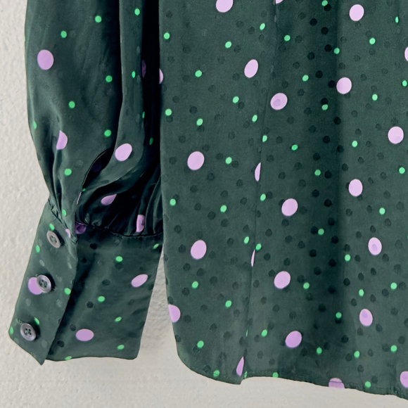 KATE SPADE Pine Forest Green Polka POP DOTS Preppy WOMENS XS Silk Blend PREP Top - Picture 7 of 8